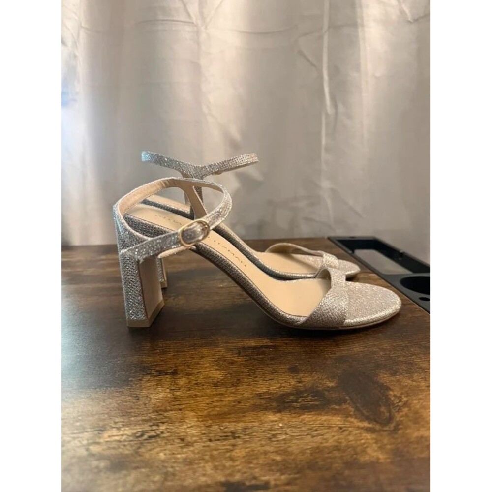 Stuart Weitzman Ankle-Strap High Heel Sandals in Metallic Champagne 8.5